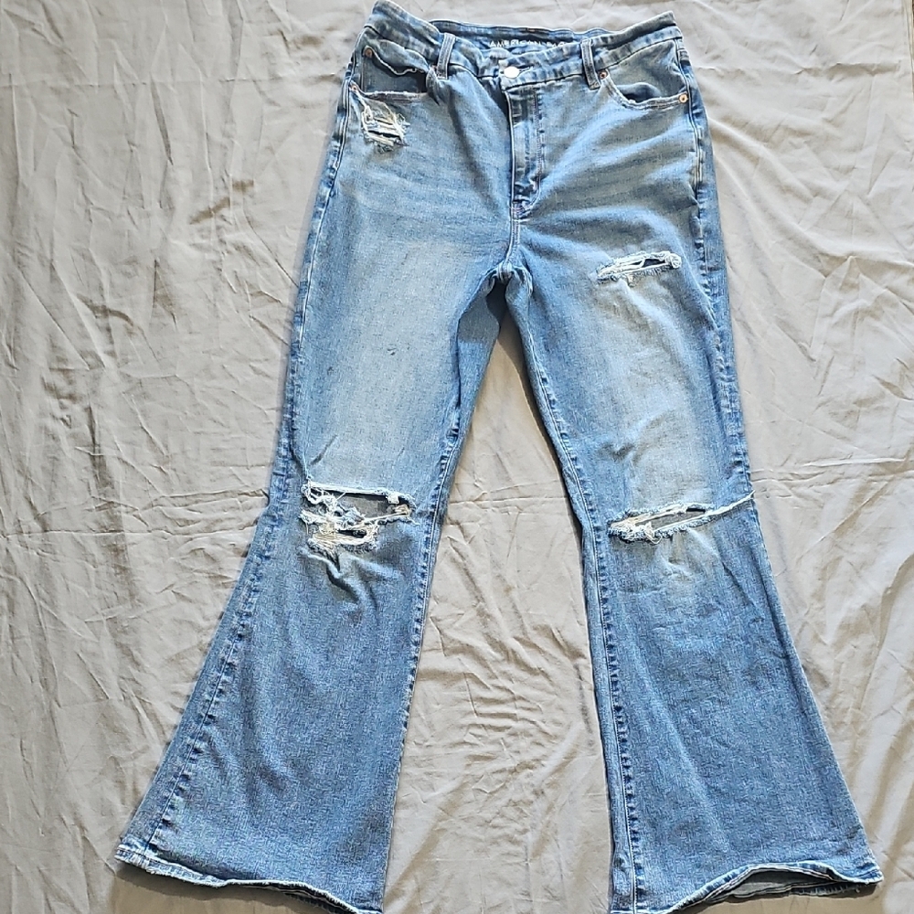 AEO Curvy Super HI-rise Distressed Flare Jeans Sz 14 Reg